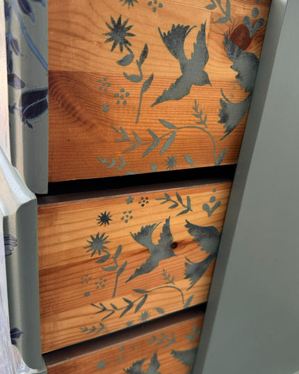 Upcycled Blue Bird Bedside Cabinet, small hand painted pine chest of drawers