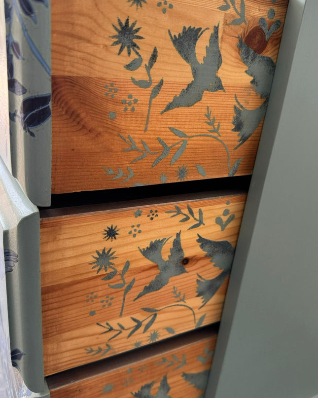 Upcycled Blue Bird Bedside Cabinet, small hand painted pine chest of drawers