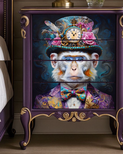 Decorative nightstand with colorful monkey design in a bedroom setting