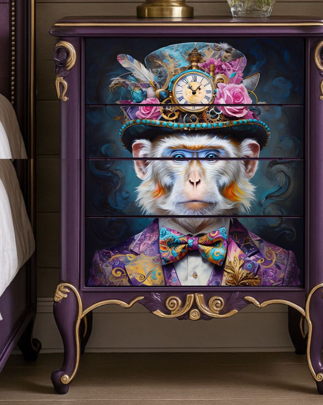 Decorative nightstand with colorful monkey design in a bedroom setting