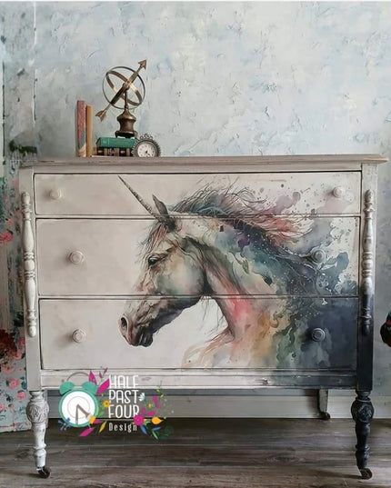 Dresser with unicorn design on a textured wall background
