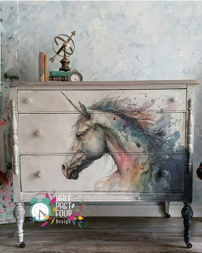 Dresser with unicorn design on a textured wall background