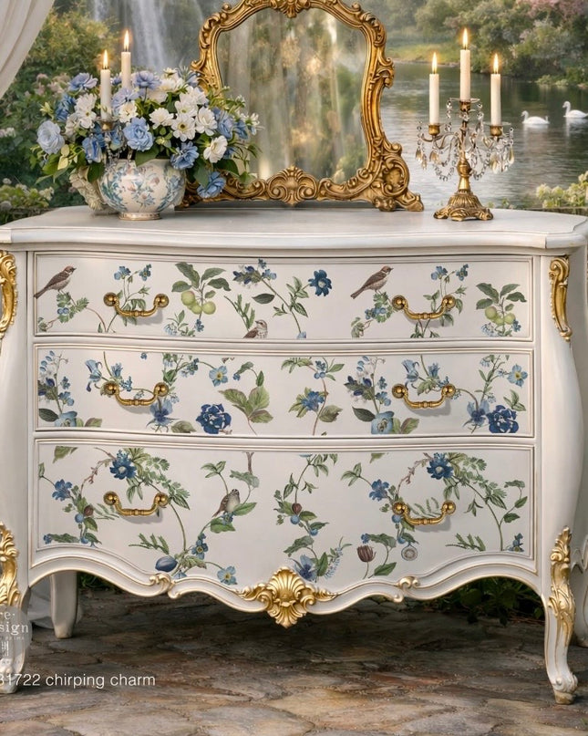 chest of drawers with floral and bird patterns, chirping charm