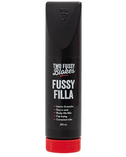 Black and red container labeled 'Two Fussy Blakes Fussy Filla' on a white background