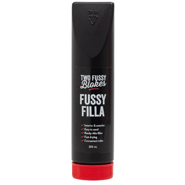Black and red container labeled 'Two Fussy Blakes Fussy Filla' on a white background