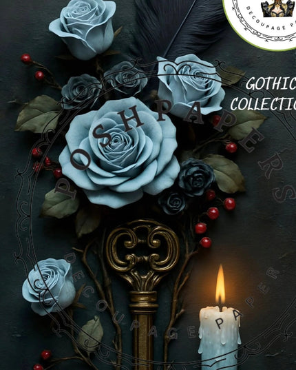 Posh Papers Blue Roses Decoupage Paper, Gothic Style Floral Furniture Art