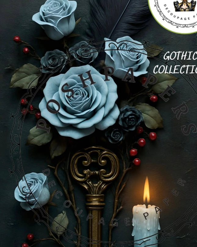 Posh Papers Blue Roses Decoupage Paper, Gothic Style Floral Furniture Art