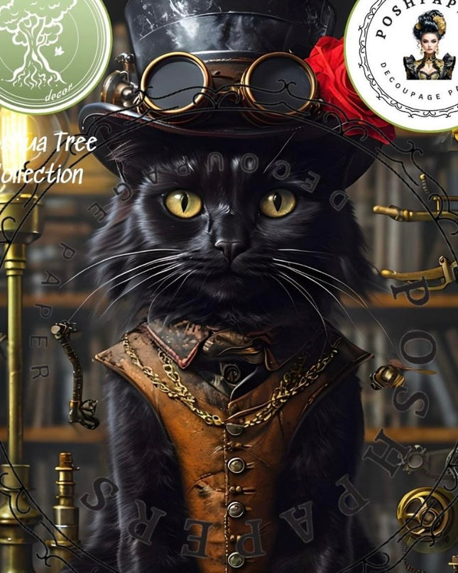 Posh Papers Decoupage Paper - Steampunk Deb Black Cat