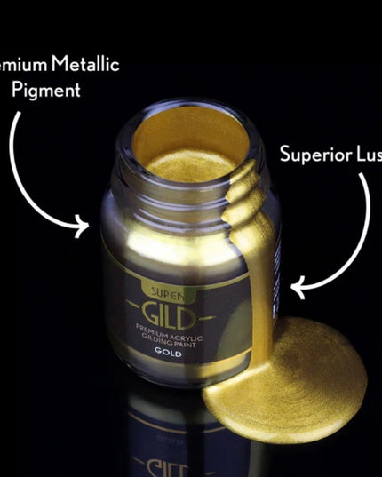 Bottle of Super GLD premium metallic gold pigment with text highlighting 'Premium Metallic Pigment' and 'Superior Lustre'.