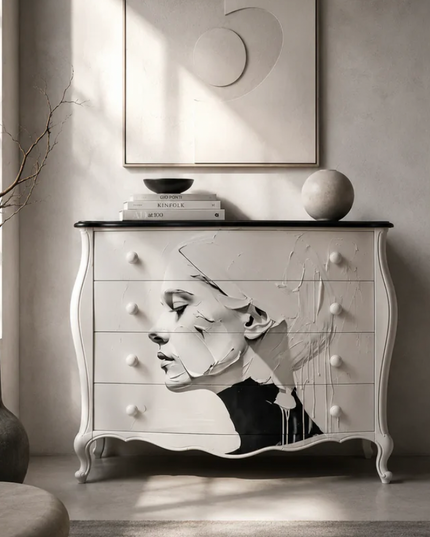 A black-and-white interior scene showing a vintage-style dresser with a large dog illustration on the front, a framed abstract wall piece above, and decorative objects on top. Mint by Michelle White Noise