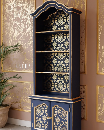 Redesign with Prima House of Damask Gold transfer on a navy blue bookcase