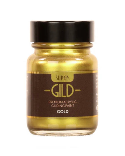 Super Gild premium acrylic gilding paint in a glass jar with a black lid on a white background