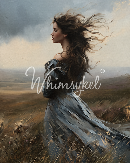 A painterly portrait of a woman in profile with long flowing brown hair, wearing a blue-gray dress, standing in a grassy landscape under a cloudy sky. A large white script watermark reading 'Whimsykel' overlays the center.