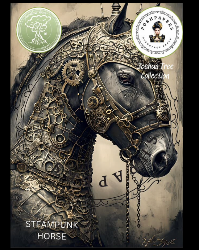 Posh Paper Steampunk horse illustration with intricate details on a dark background