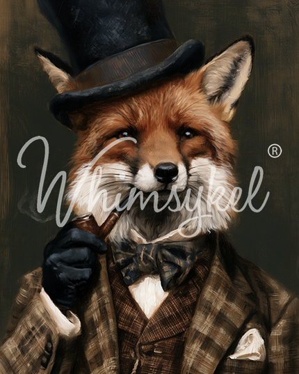 A stylized portrait of a fox dressed in vintage formalwear, including a black top hat, black gloves, a brown plaid suit jacket and waistcoat, and a bow tie, with a white script watermark across the center.
