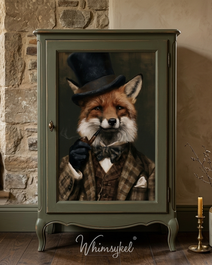An olive green cabinet with a glass door featuring a portrait of a fox dressed in Victorian attire, set in a warm, rustic room with a stone wall, books, and decorative vases. The brand name 'Whimsykel' is visible at the bottom.