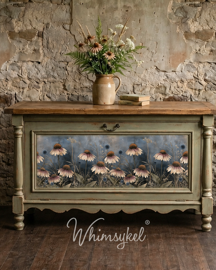 A vintage green painted cupboard with a decoupage paper on the side by Whimsykel Designs