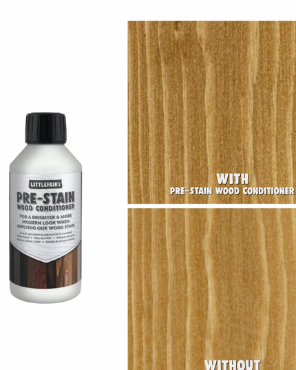 Bottle of Littlefairs Pre-Stain Wood Conditioner with a comparison of wood finish with and without conditioner.