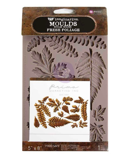 Packaging of Prima Marketing 'Fresh Foliage' moulds with leaf design on a white background