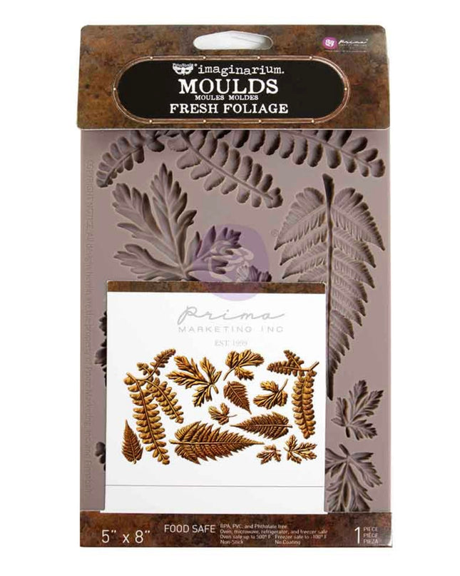 Packaging of Prima Marketing 'Fresh Foliage' moulds with leaf design on a white background