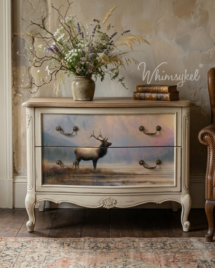 A vintage-style two-drawer chest of drawers with a decoupaged image of a painted deer scene on the doors, styled in a rustic room next to a brown leather armchair and a vase of dried flowers.