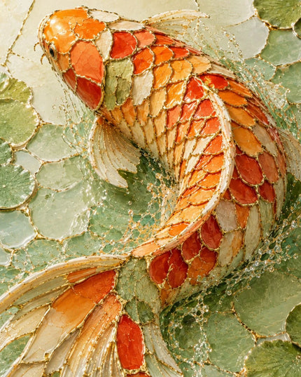 A close-up of a koi fish artwork with orange, red, cream, and gold tones swimming over a green lily-pad background.