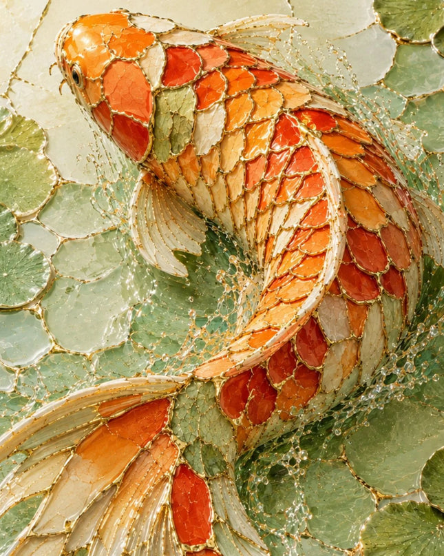 A close-up of a koi fish artwork with orange, red, cream, and gold tones swimming over a green lily-pad background.