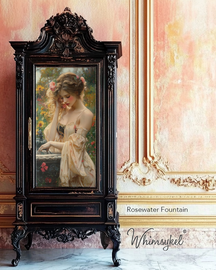A painted black cabinet with the image Rosewater Fountain decoupaged to the front