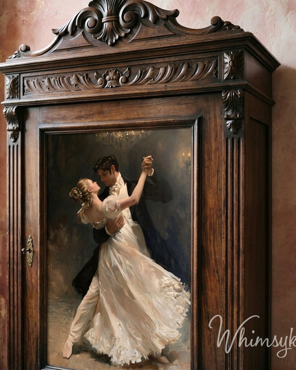 A large, ornate dark wood cabinet or armoire with a painted portrait of a dancing couple on the front, set against a textured reddish-brown wall. The brand name 'Whimsykel' is visible as a watermark in the bottom right corner.