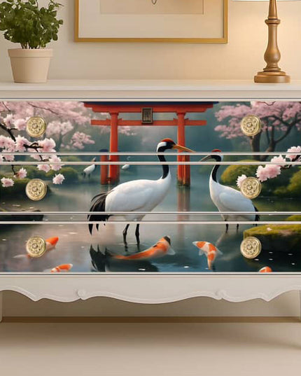 Decorative cabinet with cherry blossom and crane design by Posh Paper