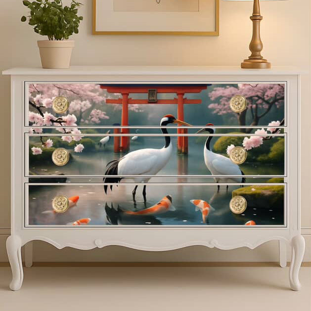 Decorative cabinet with cherry blossom and crane design by Posh Paper