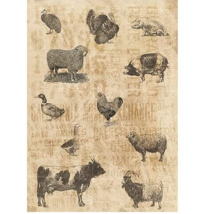 A decoupage sheet showing barnyard animals on a golden beige background