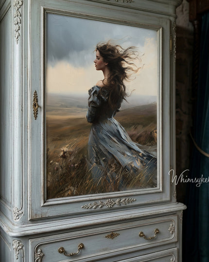 A large vintage-style painted cabinet or dresser in a bedroom, featuring a portrait painting of a woman in a flowing blue dress standing in a grassy landscape. The furniture is a distressed pale blue-gray with ornate gold-toned hardware.