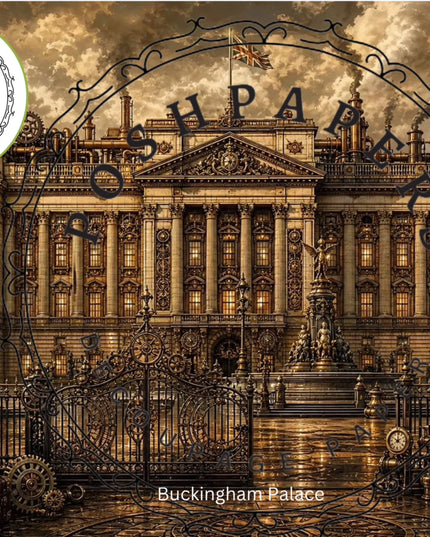 Posh Papers A vintage-style illustrated scene of Buckingham Palace with ornate iron gates, a cloudy sepia sky.