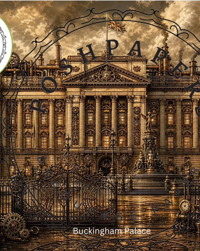 Posh Papers A vintage-style illustrated scene of Buckingham Palace with ornate iron gates, a cloudy sepia sky.