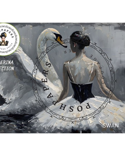 Ballerina with swan wings and 'Poshpapers' branding on a gray background