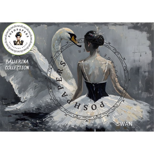 Ballerina with swan wings and 'Poshpapers' branding on a gray background